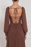 Espresso Square Neck Long Sleeve Chiffon A Line Bridesmaid Dress with Slit