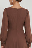 Espresso Square Neck Long Sleeve Chiffon A Line Bridesmaid Dress with Slit