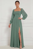 Espresso Square Neck Long Sleeve Chiffon A Line Bridesmaid Dress with Slit