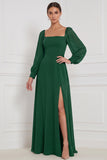 Espresso Square Neck Long Sleeve Chiffon A Line Bridesmaid Dress with Slit