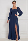Espresso Square Neck Long Sleeve Chiffon A Line Bridesmaid Dress with Slit