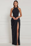 Halter Navy Ruched Sheath Lace-up Back Bridesmaid Dress with Slit