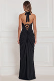 Halter Navy Ruched Sheath Lace-up Back Bridesmaid Dress with Slit