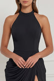 Halter Navy Ruched Sheath Lace-up Back Bridesmaid Dress with Slit