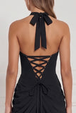 Halter Navy Ruched Sheath Lace-up Back Bridesmaid Dress with Slit
