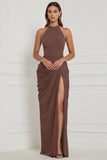 Halter Navy Ruched Sheath Lace-up Back Bridesmaid Dress with Slit