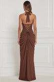 Halter Navy Ruched Sheath Lace-up Back Bridesmaid Dress with Slit