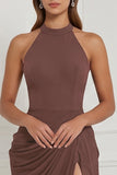 Halter Navy Ruched Sheath Lace-up Back Bridesmaid Dress with Slit