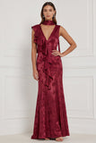 Burgundy Mermaid Jacquard V-Neck Ruffled Long Bridesmaid Dress with Scarf