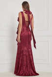 Burgundy Mermaid Jacquard V-Neck Ruffled Long Bridesmaid Dress with Scarf