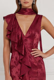 Burgundy Mermaid Jacquard V-Neck Ruffled Long Bridesmaid Dress with Scarf