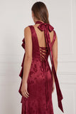 Burgundy Mermaid Jacquard V-Neck Ruffled Long Bridesmaid Dress with Scarf