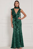 Burgundy Mermaid Jacquard V-Neck Ruffled Long Bridesmaid Dress with Scarf