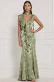 Burgundy Mermaid Jacquard V-Neck Ruffled Long Bridesmaid Dress with Scarf