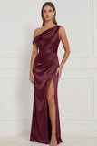 Espresso Asymmetrical Neck Satin Mermaid Long Bridesmaid Dress with Slit