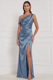 Espresso Asymmetrical Neck Satin Mermaid Long Bridesmaid Dress with Slit