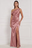 Espresso Asymmetrical Neck Satin Mermaid Long Bridesmaid Dress with Slit