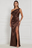 Espresso Asymmetrical Neck Satin Mermaid Long Bridesmaid Dress with Slit