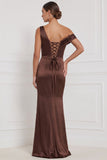 Espresso Asymmetrical Neck Satin Mermaid Long Bridesmaid Dress with Slit