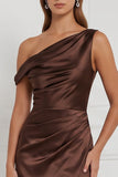 Espresso Asymmetrical Neck Satin Mermaid Long Bridesmaid Dress with Slit