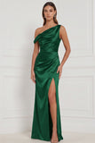 Espresso Asymmetrical Neck Satin Mermaid Long Bridesmaid Dress with Slit