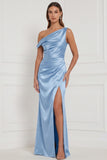 Espresso Asymmetrical Neck Satin Mermaid Long Bridesmaid Dress with Slit