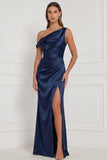Espresso Asymmetrical Neck Satin Mermaid Long Bridesmaid Dress with Slit