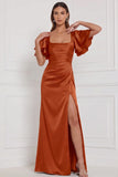 Satin Espresso Flutter Sleeve Lace-up Back Long Bridesmaid Dress with Slit