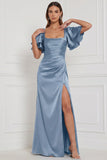 Satin Espresso Flutter Sleeve Lace-up Back Long Bridesmaid Dress with Slit