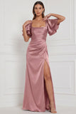 Satin Espresso Flutter Sleeve Lace-up Back Long Bridesmaid Dress with Slit