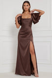 Satin Espresso Flutter Sleeve Lace-up Back Long Bridesmaid Dress with Slit
