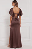 Satin Espresso Flutter Sleeve Lace-up Back Long Bridesmaid Dress with Slit