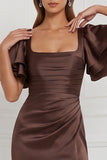 Satin Espresso Flutter Sleeve Lace-up Back Long Bridesmaid Dress with Slit