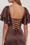 Satin Espresso Flutter Sleeve Lace-up Back Long Bridesmaid Dress with Slit