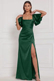 Satin Espresso Flutter Sleeve Lace-up Back Long Bridesmaid Dress with Slit