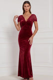 Mermaid Burnt Orange V Neck Velvet Bridesmaid Dress with Bow