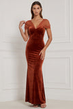 Mermaid Burnt Orange V Neck Velvet Bridesmaid Dress with Bow