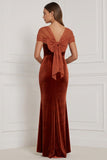 Mermaid Burnt Orange V Neck Velvet Bridesmaid Dress with Bow