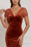 Mermaid Burnt Orange V Neck Velvet Bridesmaid Dress with Bow