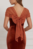 Mermaid Burnt Orange V Neck Velvet Bridesmaid Dress with Bow