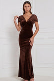 Mermaid Burnt Orange V Neck Velvet Bridesmaid Dress with Bow
