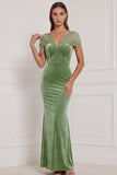 Mermaid Burnt Orange V Neck Velvet Bridesmaid Dress with Bow