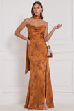 Floral Burnt Orange Spaghetti Straps Mermaid Long Bridesmaid Dress with Slit