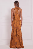Floral Burnt Orange Spaghetti Straps Mermaid Long Bridesmaid Dress with Slit