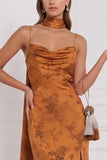 Floral Burnt Orange Spaghetti Straps Mermaid Long Bridesmaid Dress with Slit