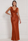 Espresso Cowl Neck Satin Sheath Long Bridesmaid Dress