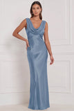 Espresso Cowl Neck Satin Sheath Long Bridesmaid Dress