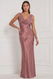 Espresso Cowl Neck Satin Sheath Long Bridesmaid Dress