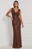 Espresso Cowl Neck Satin Sheath Long Bridesmaid Dress