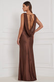 Espresso Cowl Neck Satin Sheath Long Bridesmaid Dress